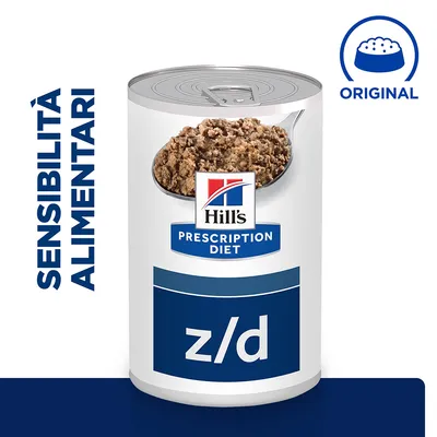 Hill's Prescription Diet z/d, sensibilità alimentari, lattina di alimento umido con scritta 'ORIGINAL' e ciotola stilizzata in alto a destra. Hill's Prescription Diet z/d, sensibilità alimentari, lattina di alimento umido con scritta 'ORIGINAL' e ciotola stilizzata in alto a destra.