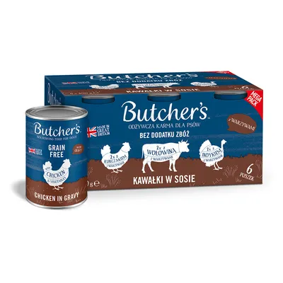 Butcher's Hundefutter, Mega Pack mit 6 Dosen. Grain Free, Chicken in Gravy, ohne Zusatz von Getreide, hergestellt in Grossbritannien.