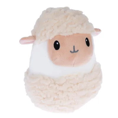 Plush toy in the shape of a sheep with a white body, beige face and fluffy texture. Suitable for pets to play with.