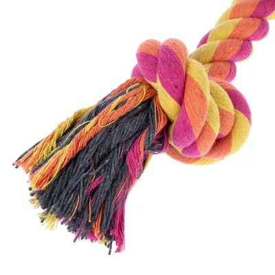 Corde tressée multicolore avec nœud et extrémités effilochées, couleurs visibles : rose, orange, jaune et gris. Matière textile clairement visible.