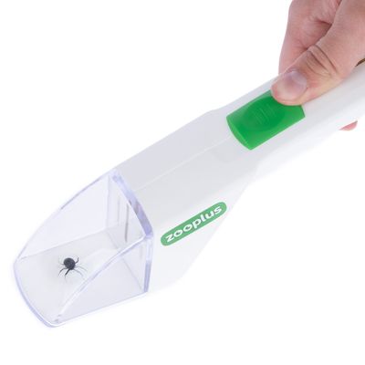 Zooplus kullancseltávolító zöld gombbal és átlátszó gyűjtőkamrával, benne egy kullancs látható. Kéz tartja a készüléket bemutatásra.