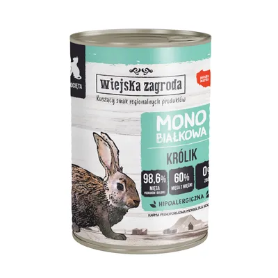 Wiejska Zagroda Mono Białkowa nyúl, 98,6% hús és húsleves, 60% izomhús, hipoallergén, teljes értékű eledel kutyáknak.