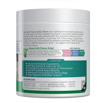 Pot Vet’s Best Senior Daily Chews, guide d’alimentation : petits chiens 1/jour, moyens 2/jour, grands 3/jour, très grands 4/jour. Ingrédients naturels, saumon, huile de foie de morue.