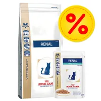 Royal Canin Veterinary Diet Renal torrfoder och våtfoder för katt, synlig text: RENAL, With Tuna, Feline, 85g. Gul cirkel med röd procenttecken.