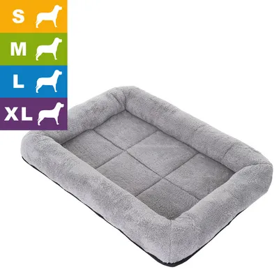 Panier rectangulaire gris en tissu pour chien, disponible en tailles S, M, L, XL. Tableau des tailles avec silhouettes de chiens à gauche.