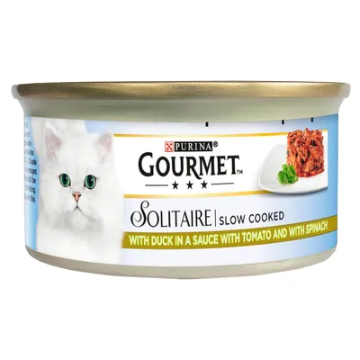 Purina Gourmet Solitaire slow cooked with duck in a sauce with tomato and spinach, shown on product packaging.