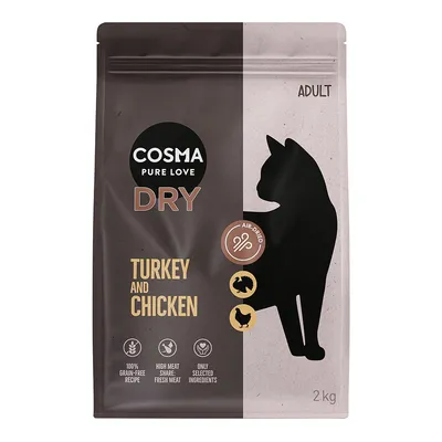 Cosma Pure Love Dry Adult, 2kg, con tacchino e pollo. Essiccato all’aria, 100% senza cereali, alto contenuto di carne fresca, solo ingredienti selezionati.