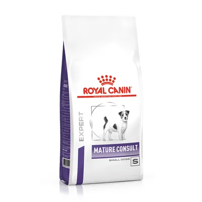 Royal Canin Expert Mature Consult Small Dogs, hrană uscată pentru câini mici, ambalaj cu imagine de câine și accente mov.