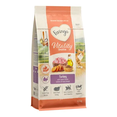 Feringa Vitality Sensitive Adult, kalkun med sød kartoffel, lakseolie og hørfrø. Kornfri opskrift, frisk kalkun, præbiotika og probiotika, grøntsager. Pakningsstørrelse: 6,5 kg.