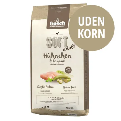 bosch HIGH PREMIUM CONCEPT SOFT adult Huhnchen & Banane Chicken & Banana, Single Protein, Grain free, UDEN KORN, 12,5 kg. Billede af kylling og banan på emballagen.