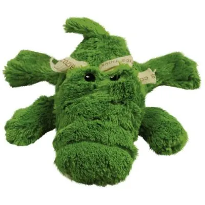Giocattolo per cani a forma di coccodrillo in peluche verde con dettagli in tessuto beige e occhi ricamati, senza marchio visibile.