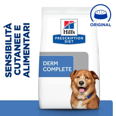 Hill's Prescription Diet Derm Complete, sensibilità cutanee e alimentari, confezione di alimento per cani. Testo: ORIGINAL. Hill's Prescription Diet Derm Complete, sensibilità cutanee e alimentari, confezione di alimento per cani. Testo: ORIGINAL.