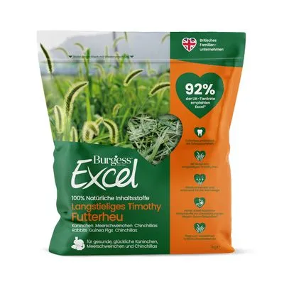 Burgess Excel Langstieliges Timothy Futterheu, 100% natuurlijke inhoudsstoffen, 92% van de UK-dierenartsen bevelen aan. Voor konijnen, cavia’s en chinchilla’s. Verpakking 1 kg.
