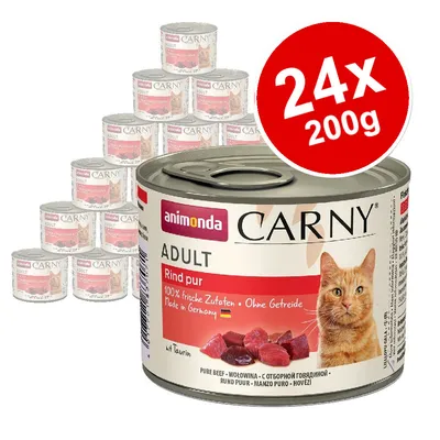 animonda Carny Adult Rind pur, 24 x 200g cans. Label shows '100% frische Zutaten • Ohne Getreide • Made in Germany' and image of beef chunks. Large red badge: 24x 200g. animonda Carny Adult Rind pur, 24 x 200g cans. Label shows '100% frische Zutaten • Ohne Getreide • Made in Germany' and image of beef chunks. Large red badge: 24x 200g.