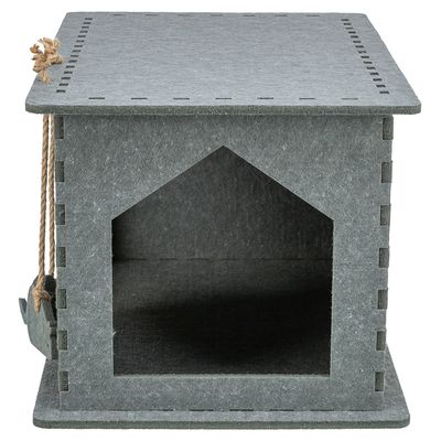 Grått filthus med rektangulärt tak och rep-leksak på sidan, lämpligt som tillflyktsort eller lekområde.