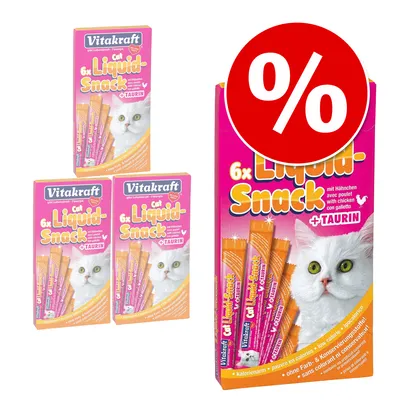 Vitakraft Cat Liquid-Snack 6x med taurin, kyckling. Tre förpackningar och en stor bild med röd procent-symbol synliga. Text på flera språk inklusive tyska och engelska.