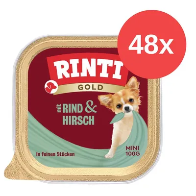 Rinti Gold Mini 100g mit Rind & Hirsch, in feinen Stücken. Verpackung zeigt Hund und Hinweis auf 48x Packungseinheit. Rinti Gold Mini 100g mit Rind & Hirsch, in feinen Stücken. Verpackung zeigt Hund und Hinweis auf 48x Packungseinheit.