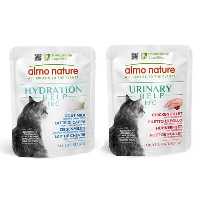 Almo Nature Hydration Help HFC Ziegenmilch, natürliche Umami-Zutaten, geeignet für alle Lebensphasen. Fondazione Capellino, Zutaten ursprünglich für menschlichen Verzehr, jetzt Katzenfutter.