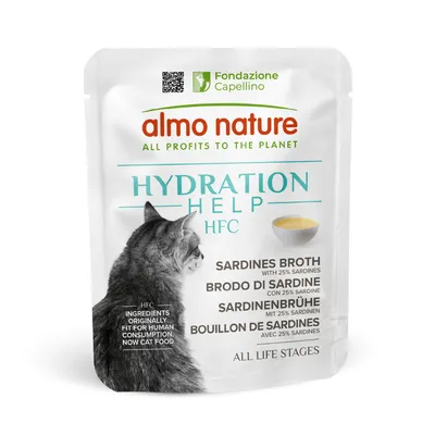 almo nature Hydration Help HFC, Sardines Broth z 25% sardynek, składniki HFC, opakowanie z kotem, Fondazione Capellino, All profits to the planet, dla wszystkich etapów życia