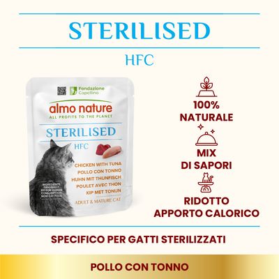Almo Nature Sterilised HFC Atlantic Tuna, 24x50g. Ingredienti originariamente idonei al consumo umano, ora cibo per gatti. Per gatti adulti e anziani.