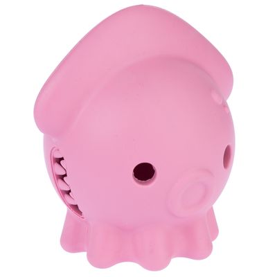 Giocattolo rosa a forma di polpo con fori e dettagli strutturati, adatto per gioco interattivo.