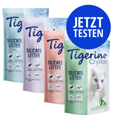 Tigerino Silicate Litter in vier Sorten, Icons für geruchsbindend, bakterienhemmend, staubfrei. Blauer Kreis mit Text: JETZT TESTEN.