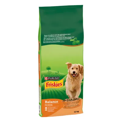 PURINA Friskies Balance, 12 кг. Без оцветители. С пиле и говеждо. Смес от птиче месо и говеждо с зеленчуци. Изображение на продукта на зелен фон. PURINA Friskies Balance, 12 кг. Без оцветители. С пиле и говеждо. Смес от птиче месо и говеждо с зеленчуци. Изображение на продукта на зелен фон.