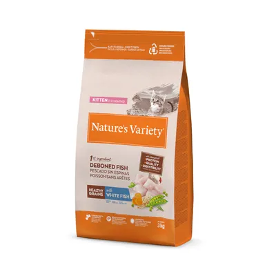Nature's Variety macskaeledel kölyökmacskáknak 0-12 hónapos korig, fő összetevő filézett hal, egészséges gabonákkal és fehér hallal, 3 kg csomag.
