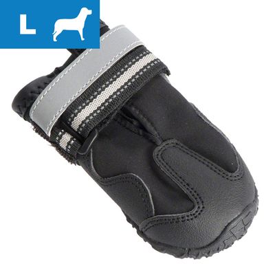 Sort hundesko i størrelse L med grå refleksrem og synlige forstærkninger, materiale ligner tekstil og gummi. Blåt felt med hvidt L og silhuet af hund øverst til venstre.