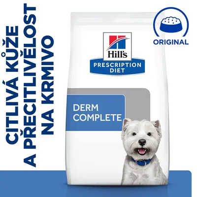 Hill's Prescription Diet Derm Complete, nápis: citlivá kůže a přecitlivělost na krmivo, balenie s obrázkom psa, symbol misky s textom ORIGINAL.