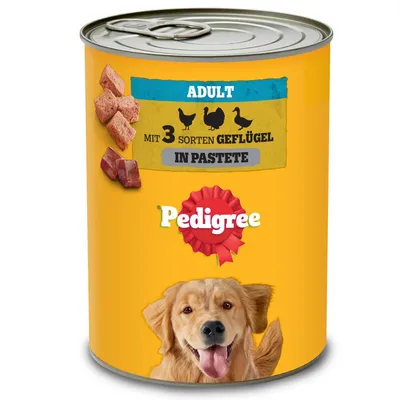 Pedigree Adult, mit 3 Sorten Geflügel in Pastete. Gelbe Dose mit Abbildung von Fleischstücken und Geflügelsymbolen.