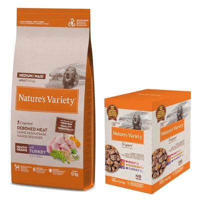 Nature's Variety 12 kg pienso + 4 x 150 / 300 g comida húmeda ¡gratis! Healthy Grains Adult Medium/Maxi Pavo 12 kg + Original Paté Med/Maxi 4 x 300g