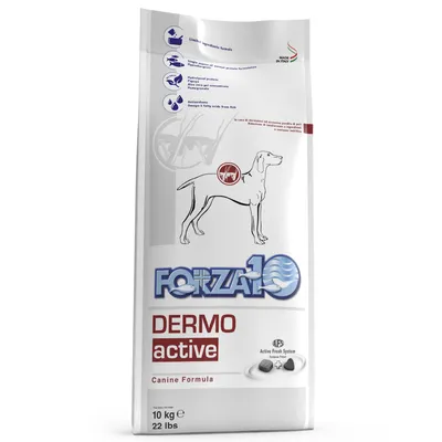 Forza10 DERMO active Canine Formula -koiranruokapakkaus, 10 kg. Pakkauksessa maininnat: Limited ingredients formula, Single source animal protein, Hydrolyzed protein, Antioxidants.