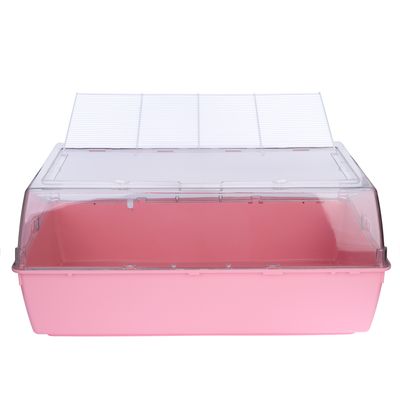 Розова клетка за дребни животни с прозрачен капак и решетка, подходяща за вентилация и видимост.