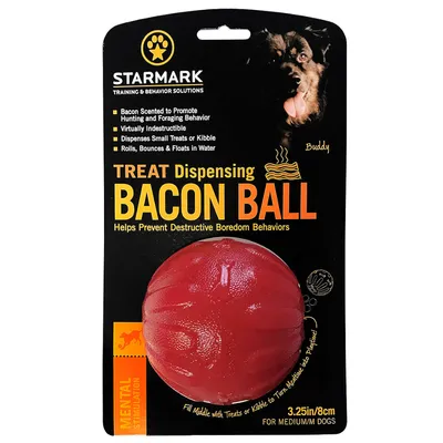 Starmark Bacon Ball, červený, 8 cm. Pro středně velké psy. Plnitelný pamlsky, plovoucí, kutálí se a skáče. Podporuje mentální stimulaci a brání destruktivnímu chování.