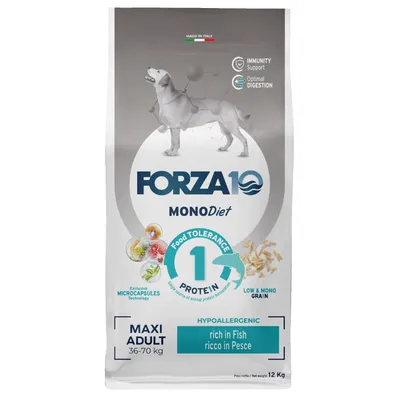 Forza10 MONODiet Maxi Adult 36–70 kg, ipoallergenico, ricco in pesce, 1 sola proteina animale, 12 kg. Made in Italy. Food Tolerance, microcapsules technology, low & mono grain.