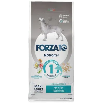 FORZA10 MONODiet hondenvoer, hypoallergeen, rich in Fish, voor maxi adult 36–70 kg, 1 eiwitbron, low & mono grain, 12 kg zak. Tekst: Immunity Support, Optimal Digestion.