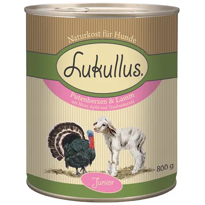 Blik Lukullus hondenvoer, 800 g. Tekst: Naturkost für Hunde, Putenherzen & Lamm mit Hirse, Apfel und Traubenkernöl, Junior. Afbeelding van kalkoen en lam.