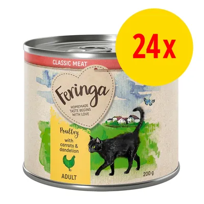 Feringa Classic Meat Adult, siipikarjaa, porkkanaa ja voikukkaa. 200 g kissan märkäruoka, pakkauksessa 24 purkkia. Etiketissä musta kissa ja teksti: Homemade taste begins with love.