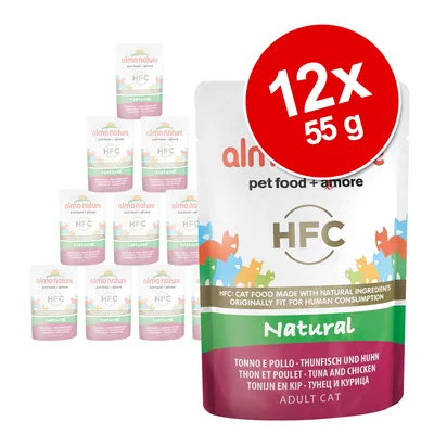 Lot de 12 sachets Almo Nature HFC Natural thon et poulet pour chat adulte, 55 g chacun. Texte visible : ingrédients naturels, thon et poulet, adapté à la consommation humaine. Lot de 12 sachets Almo Nature HFC Natural thon et poulet pour chat adulte, 55 g chacun. Texte visible : ingrédients naturels, thon et poulet, adapté à la consommation humaine.