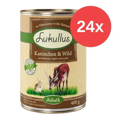 Lukullus Kaninchen & Wild, Adult, 400 g burk. Text: mit Naturreis, Apfel und Leinöl. Bild på kanin och hjort. Röd cirkel med vit text: 24x.