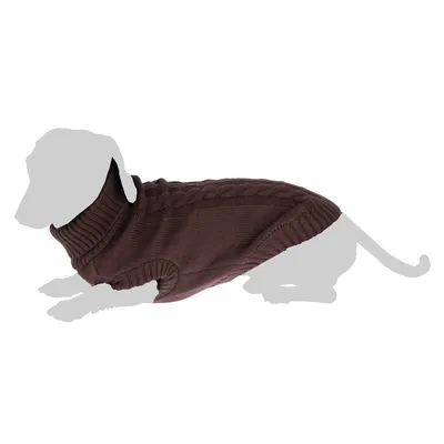 Pull marron en maille pour chien, col roulé et motif torsadé visible sur le dos, présenté sur une silhouette de chien.