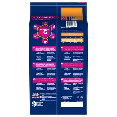 EUKANUBA Top Condition 1+ kattefoder, Eukanuba 6, fodringsvejledning pr. kattevægt: 3–5 kg dagligt 35–55 g, 5–7 kg 55–75 g, 91 % animalsk protein af samlet proteinindhold