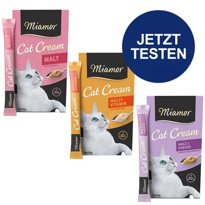 Miamor Cat Cream in drei Sorten: Malt gegen Haarballen, Multi-Vitamin mit Vitaminen und Malt & Cheese verdauungsfördernd. Hinweis 'Jetzt testen' im blauen Kreis.