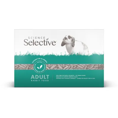 Science Selective Adult Rabbit Food. Sopii kaikille roduille, eläinlääkärien suosittelema. Korkea kuitupitoisuus, ei lisättyä sokeria, sisältää vitamiineja ja kivennäisaineita iholle ja turkille.