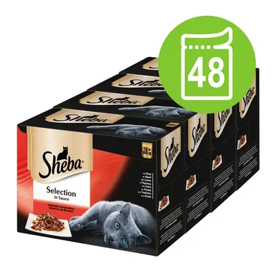 Sheba Selection in Sauce, 4 packs of 12×85g pouches, total 48 portions. Visible text: Sheba, Selection in Sauce, 12×85g. Green icon with white pouch and number 48.