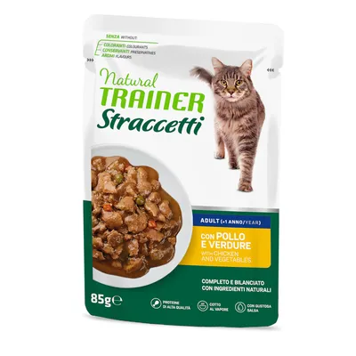 Natural Trainer Straccetti Adult (+1 year) with chicken and vegetables, 85g. Free from colourants, preservatives and flavourings. Complete and balanced with natural ingredients.