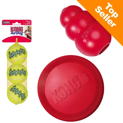 KONG AirDog tennisbolde i net, rød KONG gummilegetøj, rød KONG frisbee. Tekst: Top Seller. Synlige mærker: KONG, AirDog, Squeakair.