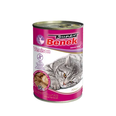 Super Benek cat food, venison, adult, 95% animal derivatives in chunks, grain-free, without sugar, colourants or preservatives.