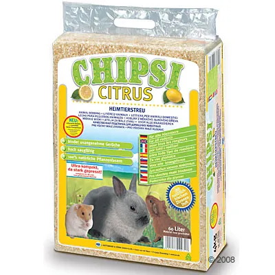 CHIPSI CITRUS pieneläinten kuivike, 60 litraa. Pakkauksessa kuvat kanista ja kahdesta jyrsijästä. Teksti: sitruksen tuoksu, 100 % luonnolliset kasvikuidut, erittäin imukykyinen.